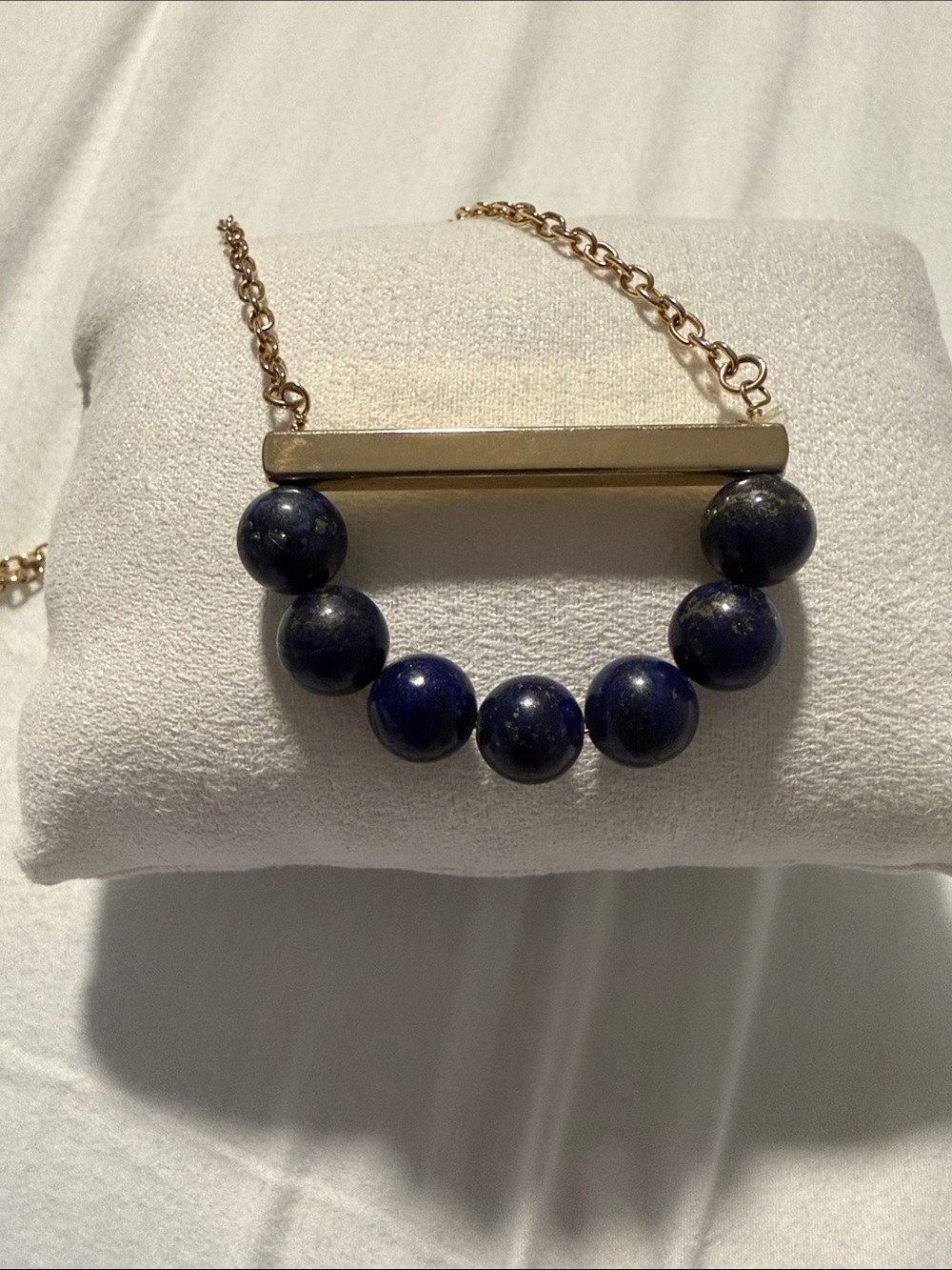 Gold Bar Necklace with Deep Blue Lapis Lazuli Bead
